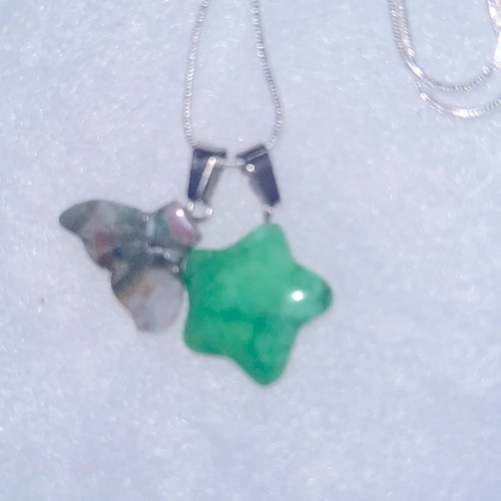 Boho hippie Jade Mermaid tail and Jade Star Sterling Silver Necklace 16”